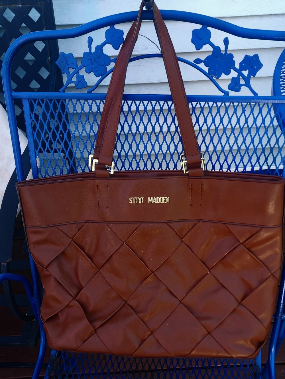 Steve Madden Smooth faux leather cognac brown tote bag with diamond-quilting